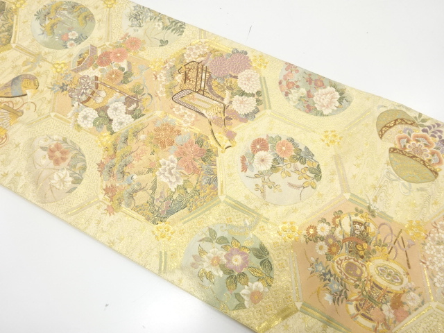 JAPANESE KIMONO / FUKURO OBI / SILK / WOVEN FOLDING FAN & KIKKO & ROUNDEL CREST